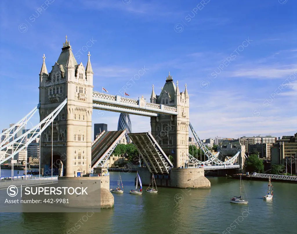 Drawbridge across a river, Tower Bridge, London, England
