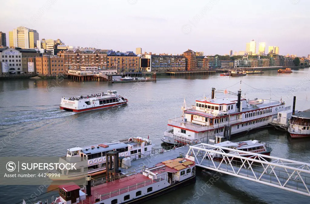 High angle view of tourboats in a river, Thames River, London, England