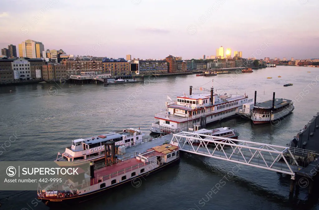 High angle view of tourboats in a river, Thames River, London, England
