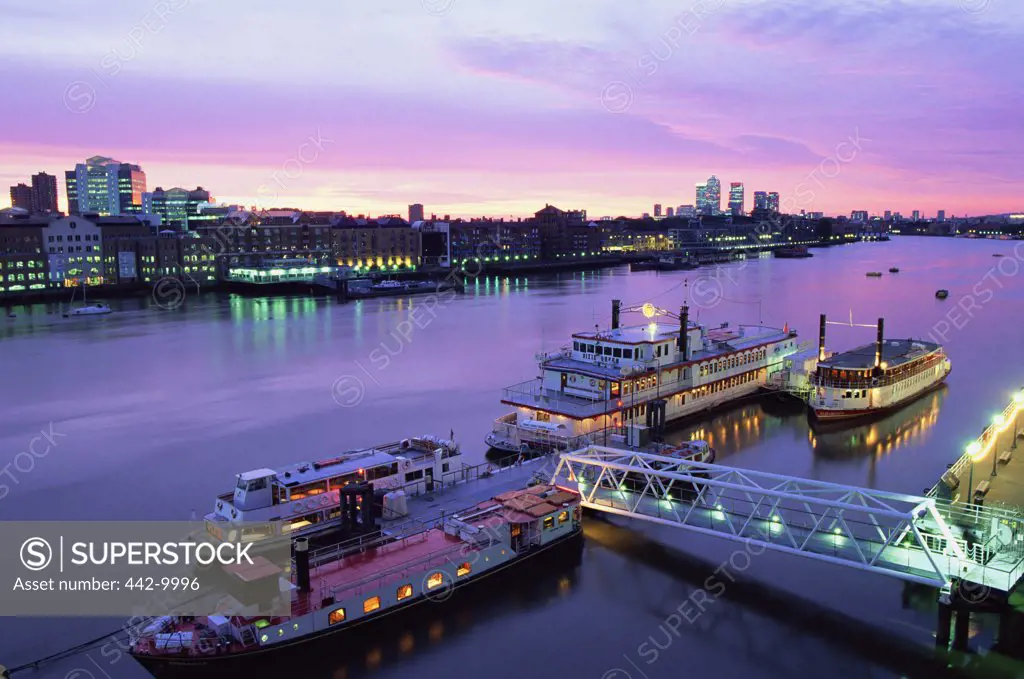 High angle view of passenger ships in a river, Thames River, London, England