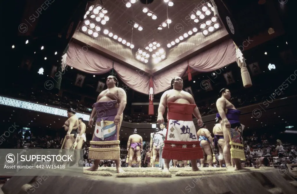 Low angle view of a group of sumo wrestlers standing in an arena, Japan