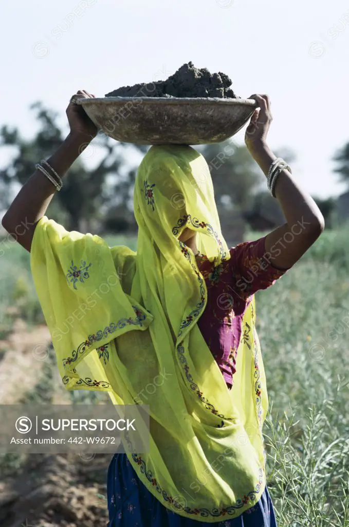 Woman carrying a basin of mud on her head, Rajasthan, India