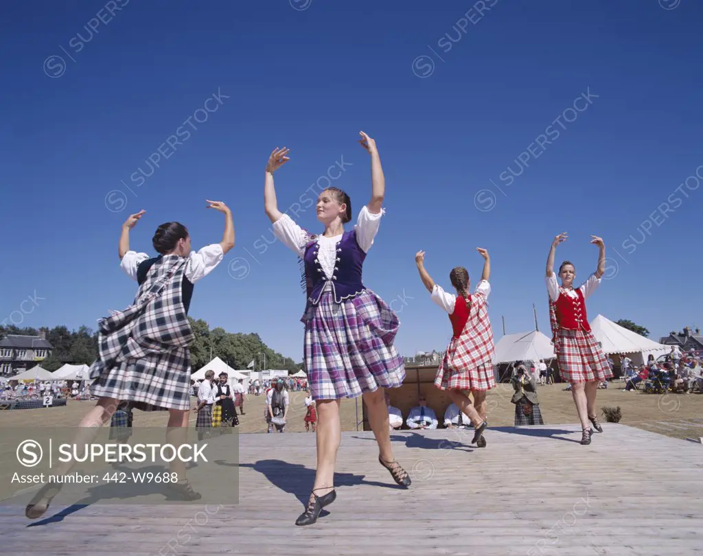 Group of young women Highland dancing, Highland Games, Highlands, Scotland