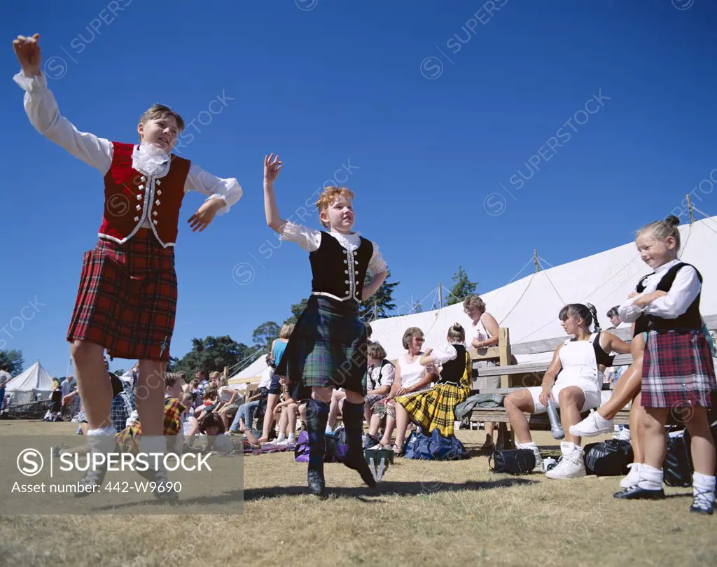 Two girls highland dancing, Highland Games, Highlands, Scotland