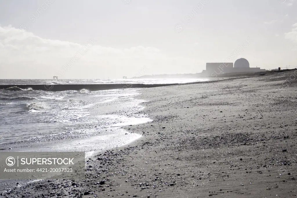 Looking south along Minsmere beach towards Sizewell Nuclear Power Station - Suffolk.