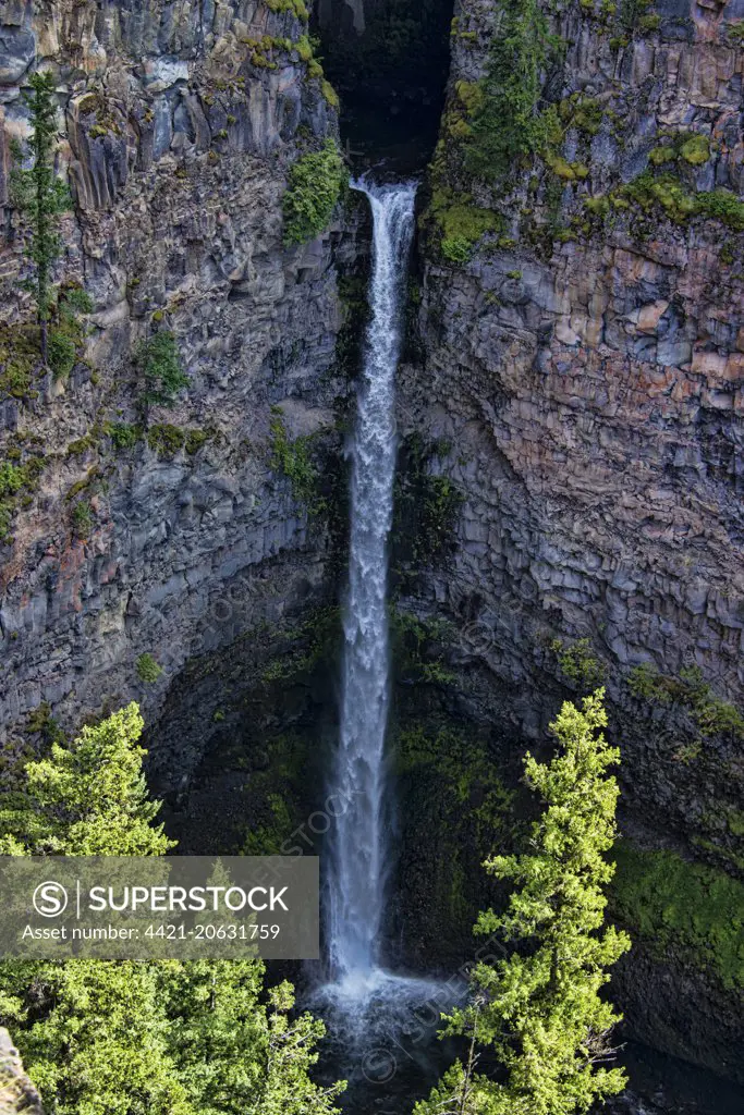 View of plunge waterfall, Spahats Creek Falls, Spahats Creek, Clearwater River, Wells Gray Provincial Park, British Columbia, Canada, September