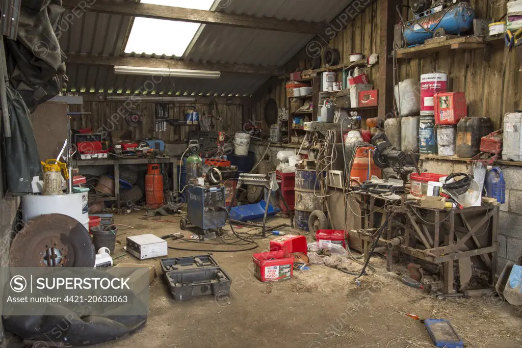 Interior of farm workshop, Lancashire, England, August 