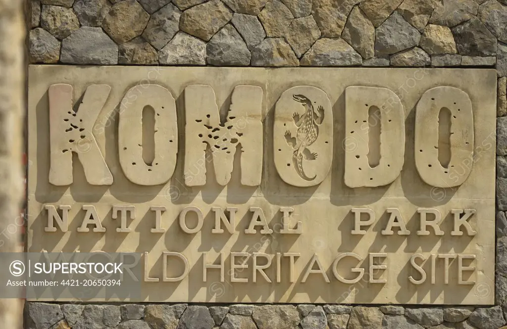 'Komodo National Park, World Heritage Site' sign, Komodo Island, Komodo N.P., Lesser Sunda Islands, Indonesia, October