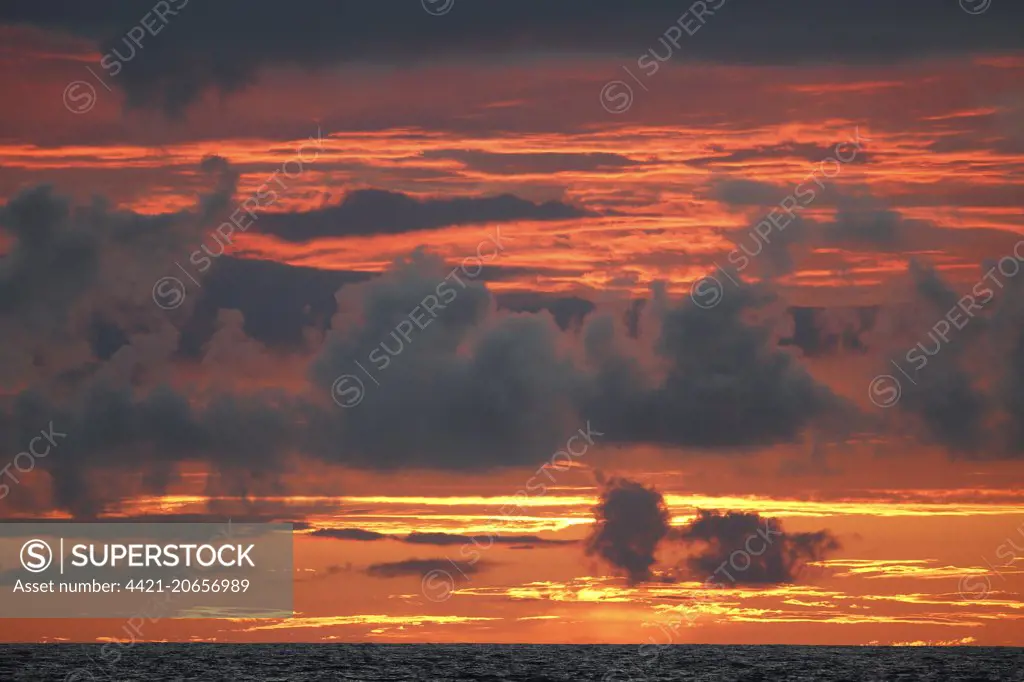 View of clouds over sea at sunrise, near Minami Iwo Jima, Iwo Islands, Ogasawara Islands, Japan, May