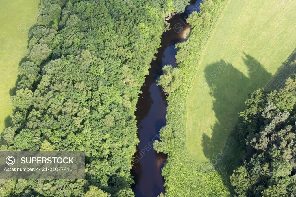 Aerial view of river edged with woodland flowing through farmland, River Eden, near Appleby, Cumbria, England, July