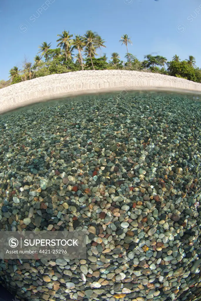 View of multi-coloured pebbles in shallows near shore from above and below water, Tutuntute, Wetar Island, Barat Daya Islands, Lesser Sunda Islands, Maluku Province, Indonesia