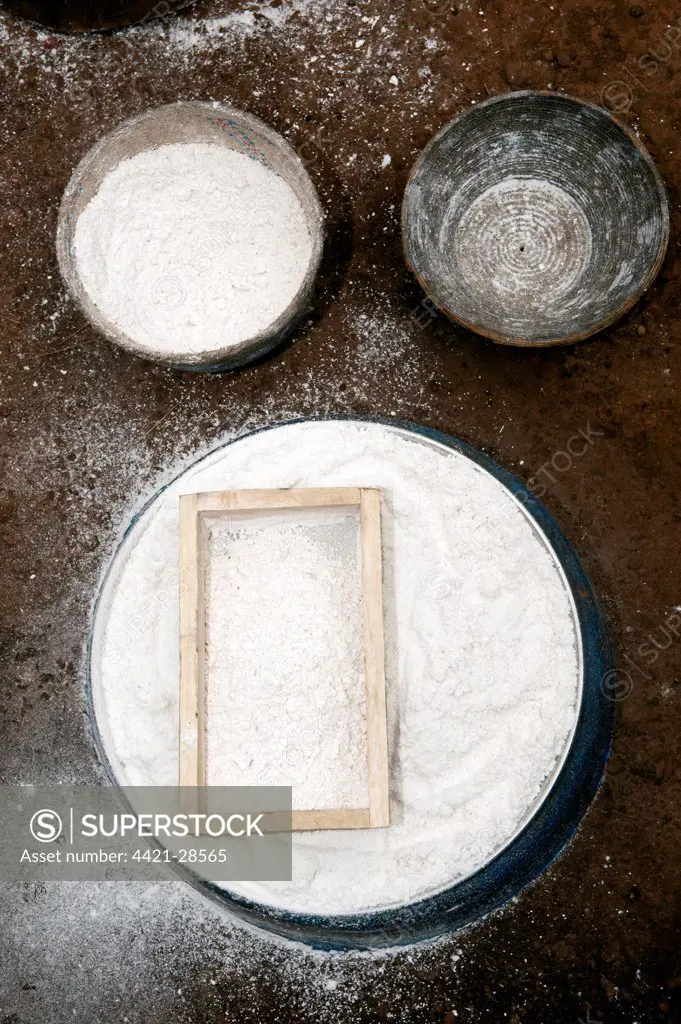 Cassava (Manihot sp.) flour, bowls full of freshly ground flour for baking, Rwanda