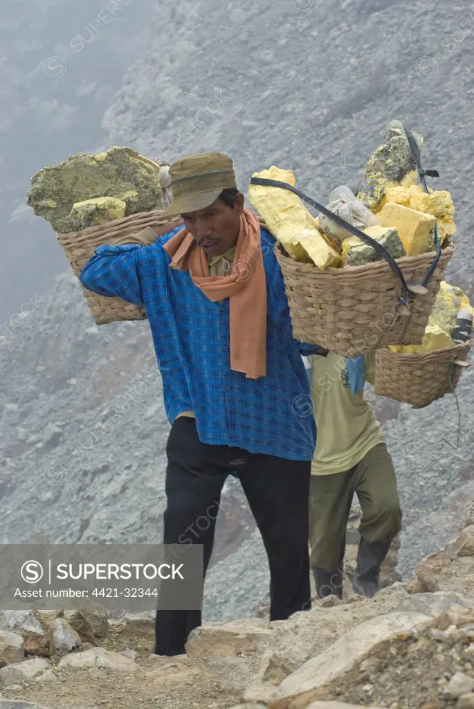 Local men carrying blocks of sulphur in baskets on slopes of volcanic crater, Mount Ijen, East Java, Indonesia
