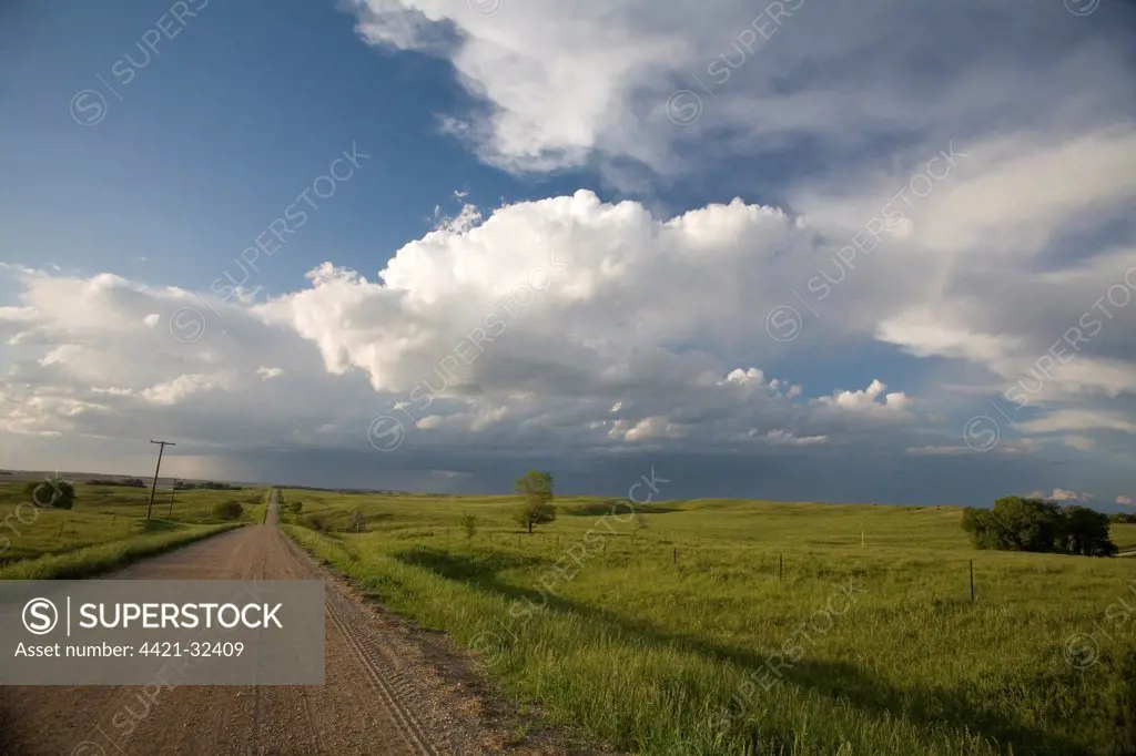 Thunderstorm over prairie and rural road, North Dakota, U.S.A., june