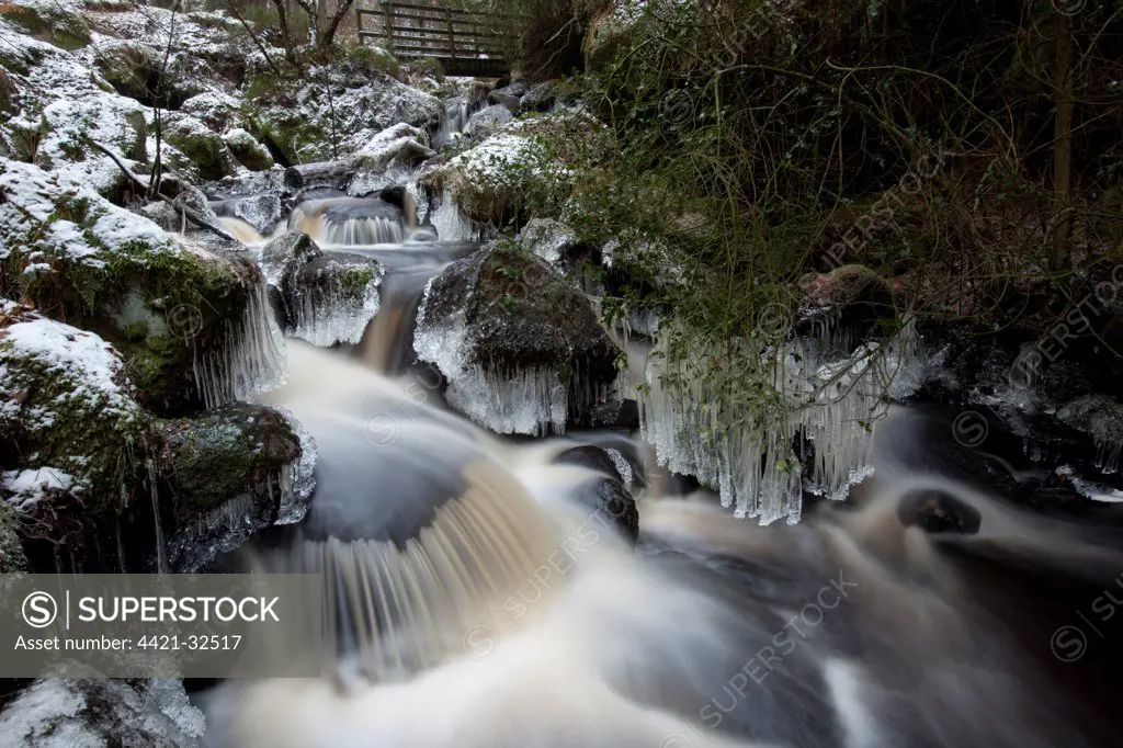 Ice formations and cascades in woodland stream, Wyming Brook, Sheffield, South Yorkshire, England, december
