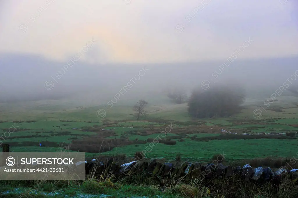 Brocken spectre seen from hilltop, appears when sun shines from behind person who is looking down from ridge or peak into mist or fog, Jeffrey Hill, Longridge, Lancashire, England, january