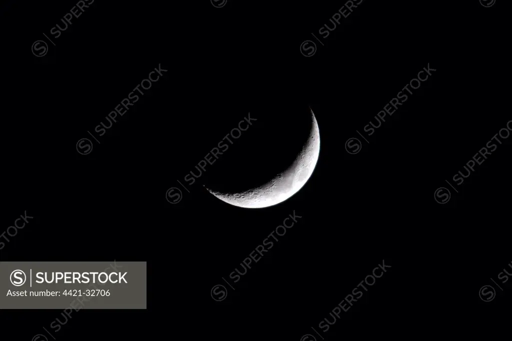 Waxing crescent Moon, viewed from northern hemisphere at night, Ellerstadt, Rhineland-Palatinate, Germany
