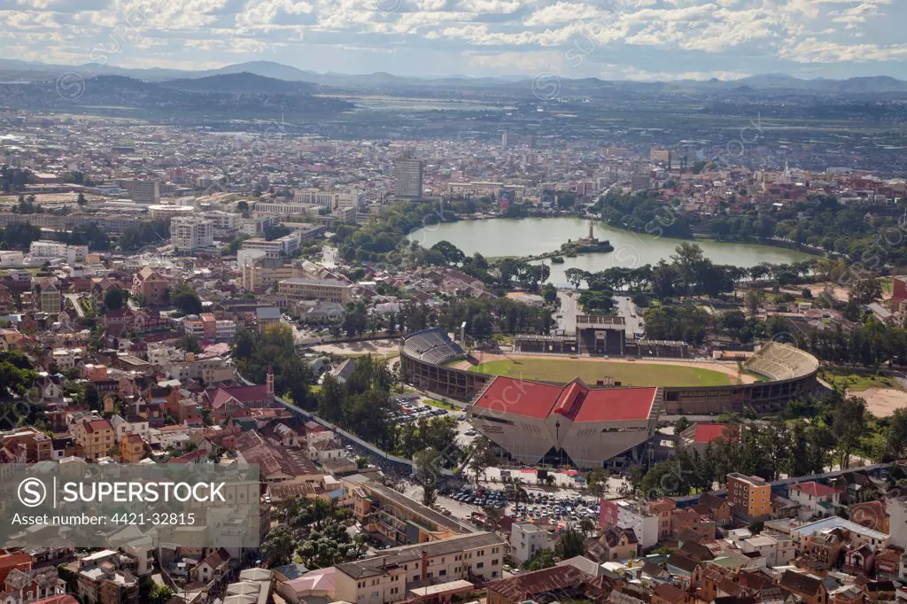 View of city with sports stadium and lake, Lake Anosy, Antananarivo, Analamanga Region, Antananarivo Province, Central Madagascar