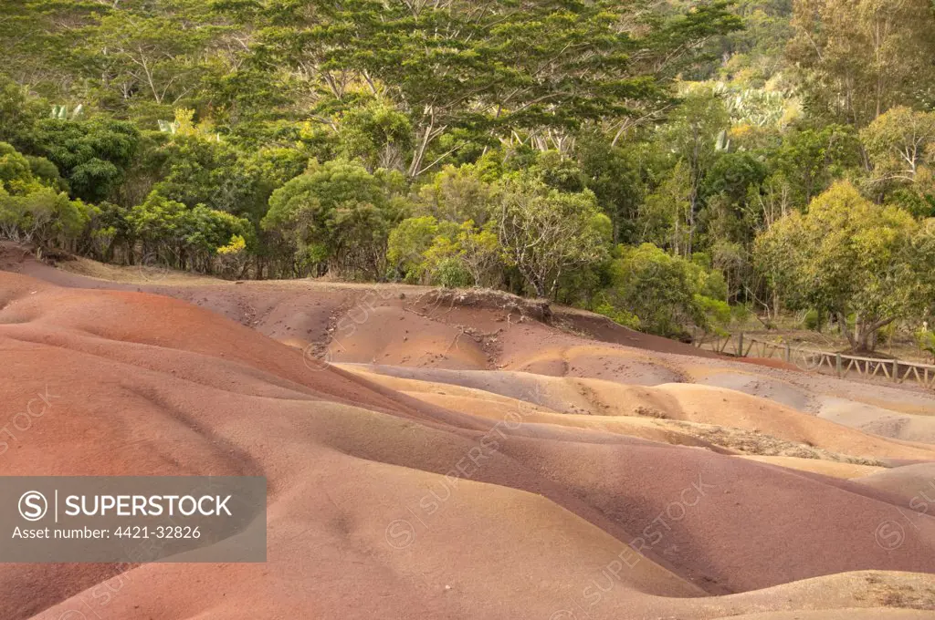 View of sand dunes comprising of different coloured sands, caused by decomposed basalt gullies of ferralitic soil, red colour caused by iron sesquioxydes and blue colour caused by aluminium sesquioxydes, Seven Coloured Earths, Chamarel, Black River District, West Mauritius