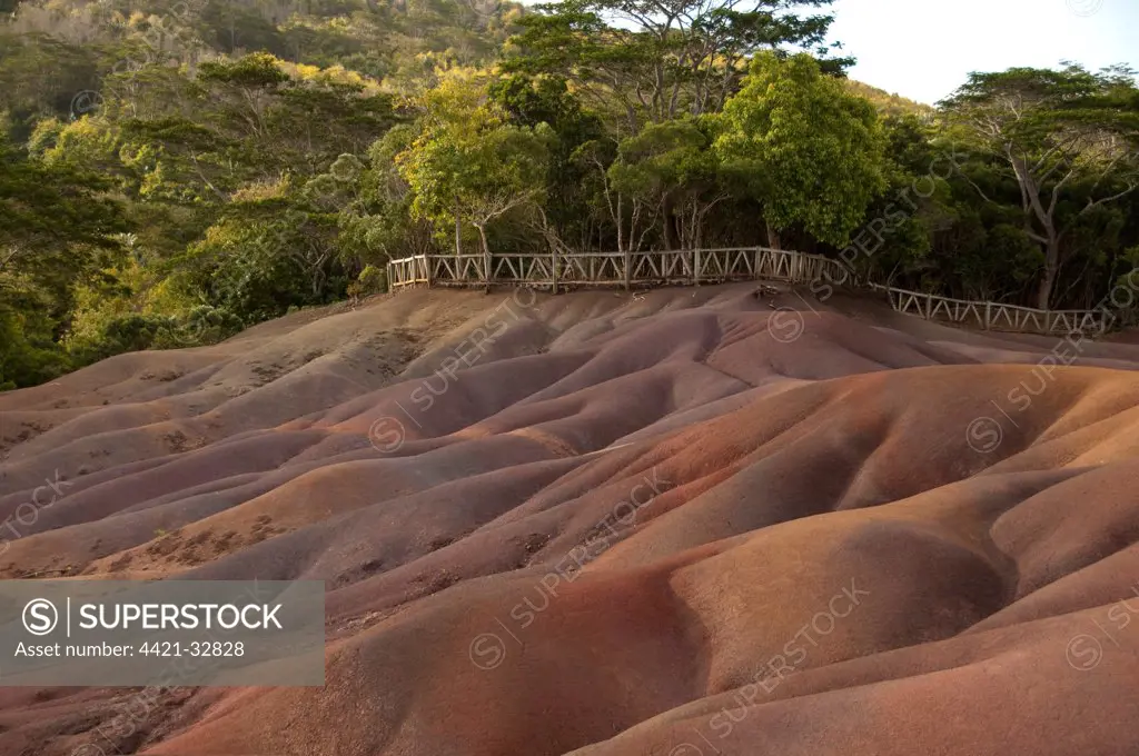 View of sand dunes comprising of different coloured sands, caused by decomposed basalt gullies of ferralitic soil, red colour caused by iron sesquioxydes and blue colour caused by aluminium sesquioxydes, Seven Coloured Earths, Chamarel, Black River District, West Mauritius