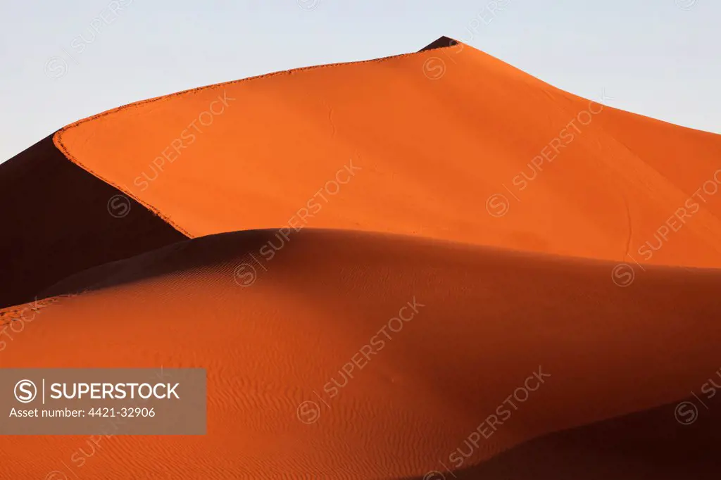 View of desert sand dunes in evening sunlight, Erg Chegaga, Sahara, Morocco, may