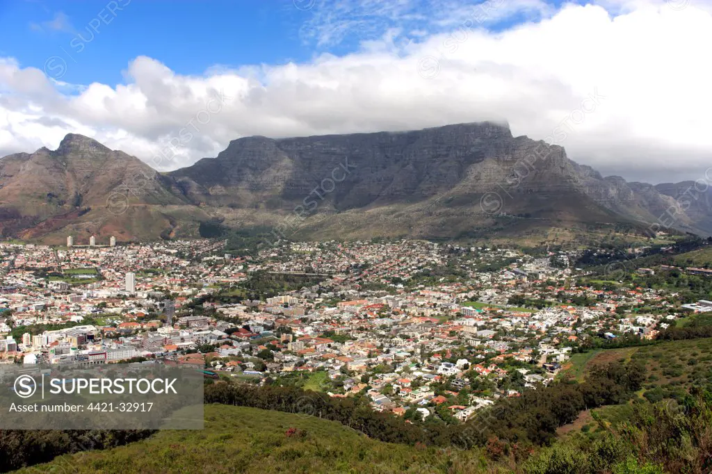 View of city and mountain plateau, Table Mountain, Cape Town, Western Cape, South Africa