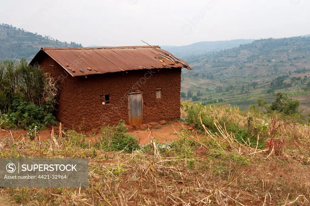 Mud bricked house with tin roof, overlooking farmland in valley, Rwanda