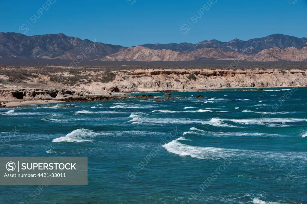 View of sea and coastline, Cabo Pulmo National Marine Park, Baja California Sur, Mexico, march
