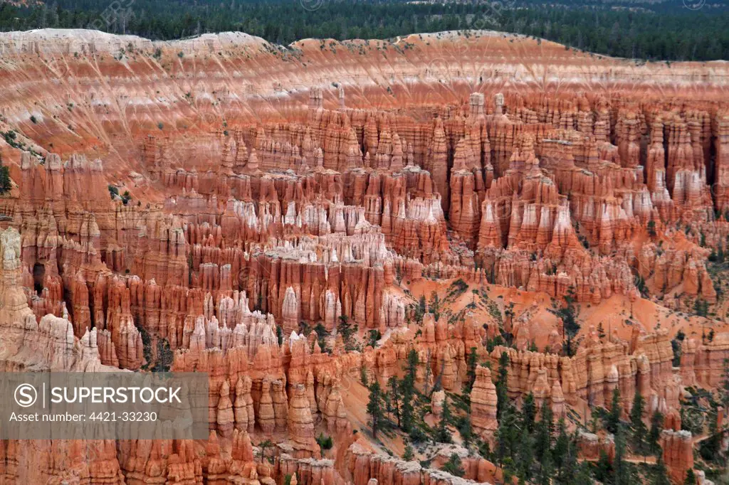 View of hoodoos and cliffs, rock erosion in natural amphitheatre, from Inspiration Point, Bryce Canyon, Bryce Canyon N.P., Utah, U.S.A., june