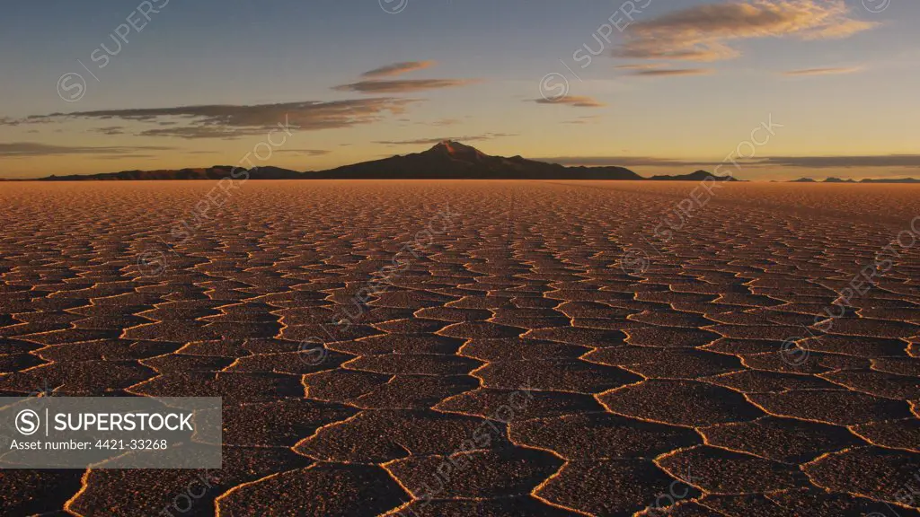 View of hexagonal crystallization fissures on salt pan, largest salt pan in world, Salar de Uyuni, Altiplano, Andes, Bolivia