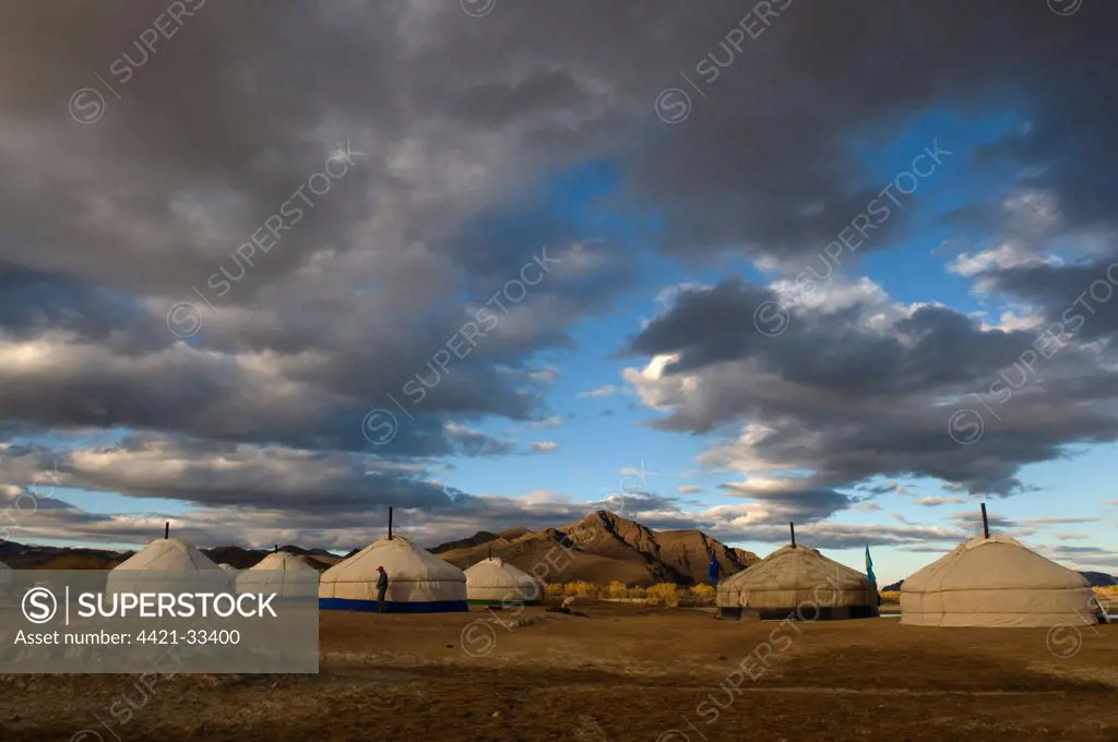 Kazakh nomads ger camp on steppe, Bayan-Ulgii, Western Mongolia, october