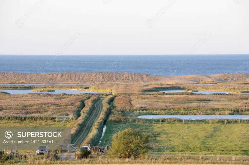 View of grazing marsh and freshmarsh habitat, with shingle bank and sea, Salthouse, Norfolk, England, september