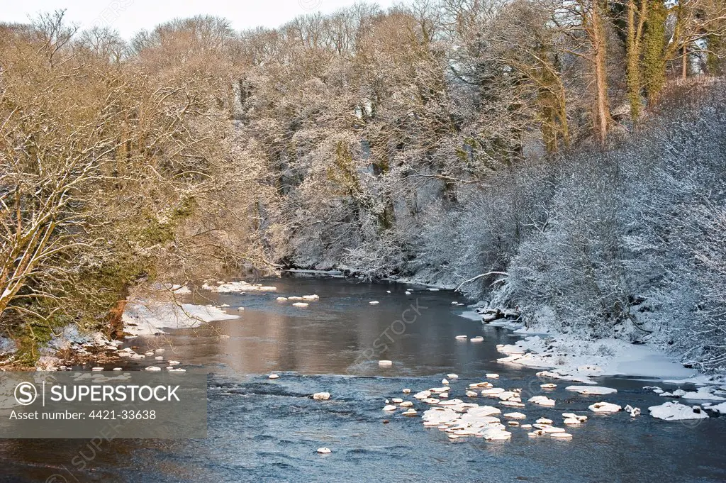 View of river with ice and snow on trees, Higher Hodder Bridge, Clitheroe, Lancashire, England, winter