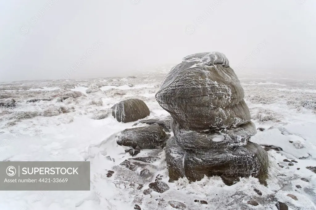 Gritstone outcrop on moorland in snow, Wain Stones, Bleaklow, Peak District, Derbyshire, England, winter