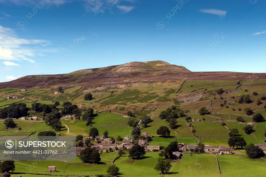 Village of Healaugh below Calver Fell, Swaledale, Yorkshire Dales, North Yorkshire, England, july