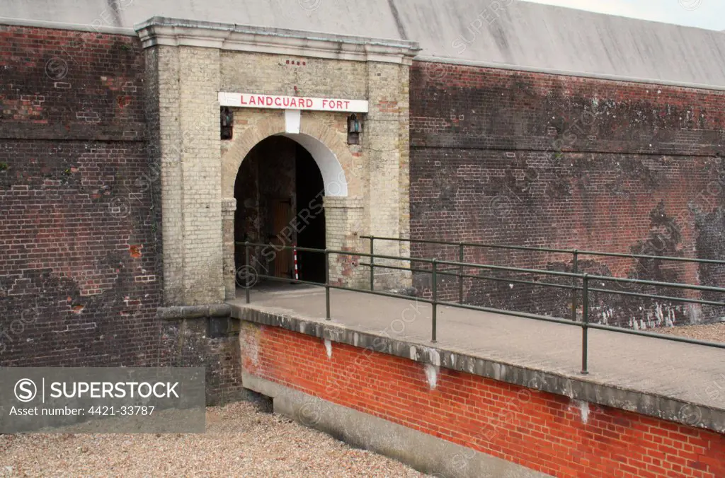 Entrance to coastal fort, Landguard Fort, Landguard Peninsula, Felixstowe, Suffolk, England, august