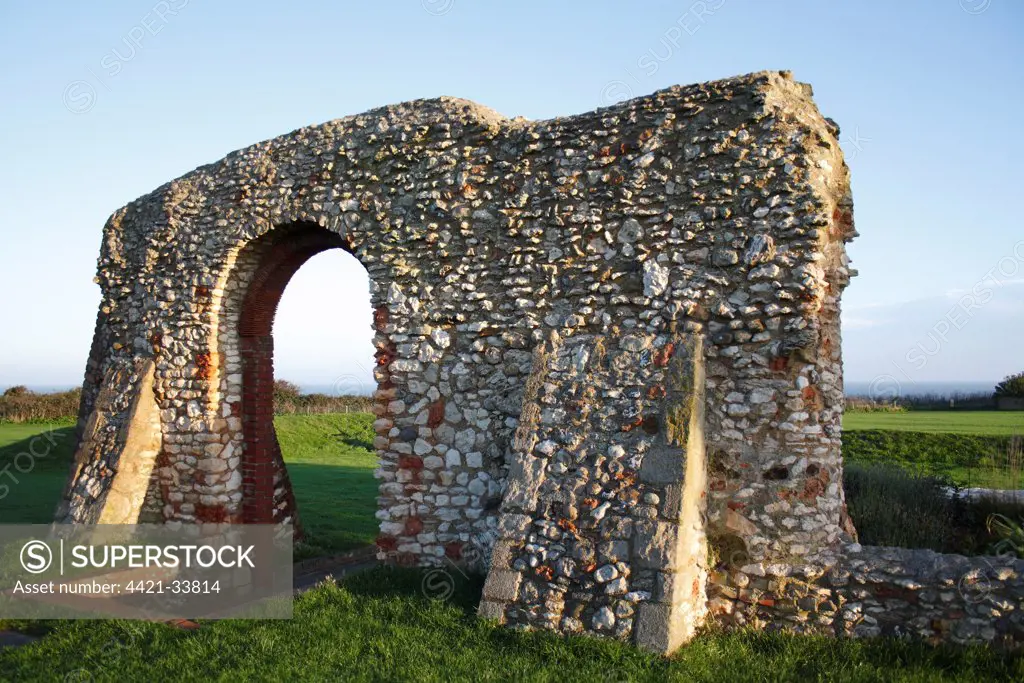 Remains of 13th Century chapel on coastal clifftop at dawn, St. Edmund's Chapel, Old Hunstanton, Norfolk, England, september