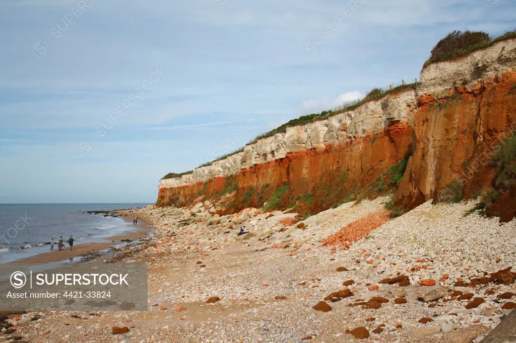 View of beach with chalk and carrstone sea cliffs, Hunstanton, Norfolk, England, october