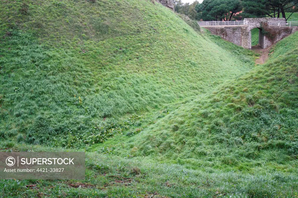 Earthworks surrounding 12th Century castle, Castle Rising Castle, Castle Rising, Norfolk, England, october