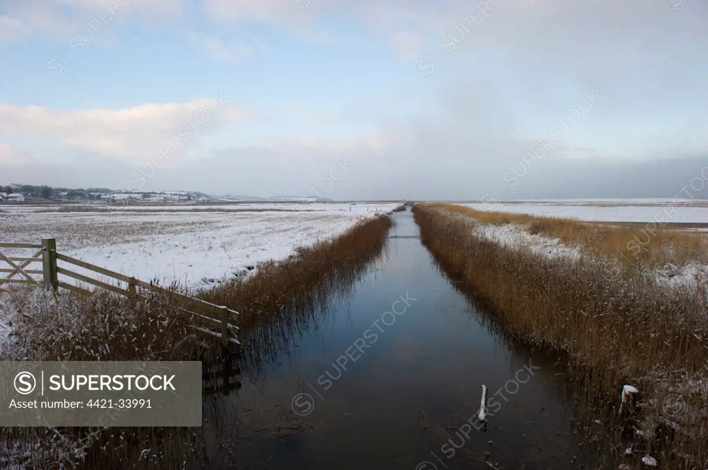 View of dyke and snow covered coastal grazing marsh habitat, Salthouse, Norfolk, England, december