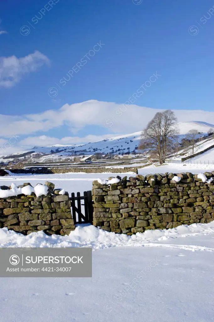 Drystone wall and gate in snow covered valley bottom, Gunnerside, Swaledale, Yorkshire Dales N.P., North Yorkshire, England, december