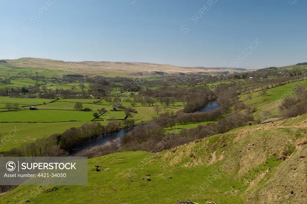 View of countryside and river, looking up Teesdale Valley from Eggleston towards Middleton, Teesdale, County Durham, England, april