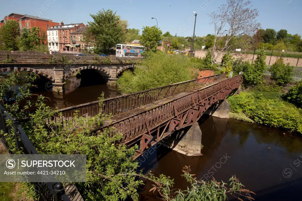 View of city centre river with bridges, River Don, Sheffield, South Yorkshire, England, april