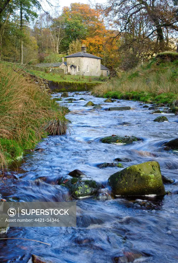 View of river and small house, originally intended as lodge for ruined Wyresdale Tower, Tower Lodge, Marshaw Wyre, Marshaw, Over Wyresdale, Forest of Bowland, Lancashire, England, november
