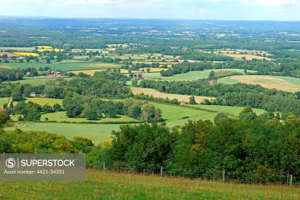 View of mixed farmland with hedgerows and scattered woodland, looking northeast from Chanctonbury Hill, The Weald, South Downs, West Sussex, England, april