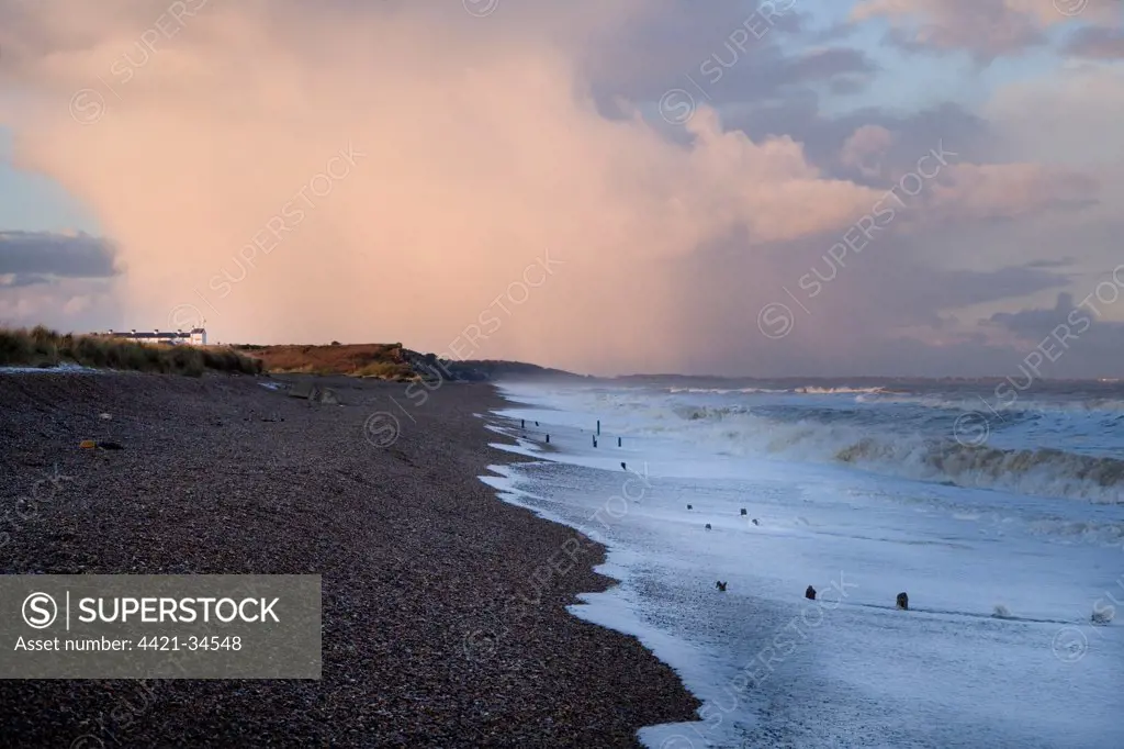 View of incoming tide over shingle beach, with stormclouds over old Coastguard's cottages of Dunwich Heath in background, Minsmere RSPB reserve, Suffolk, England, november