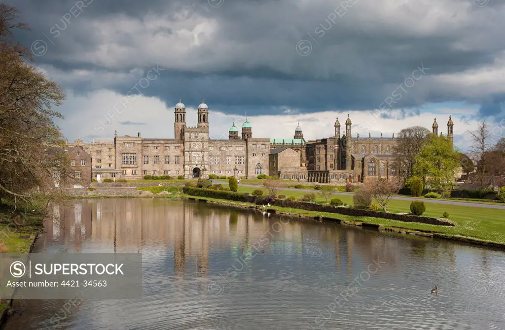 View of boarding school buildings and lake, Roman Catholic independent school adhering to Jesuit tradition, Stonyhurst College, Stonyhurst Estate, Ribble Valley, Lancashire, England, april