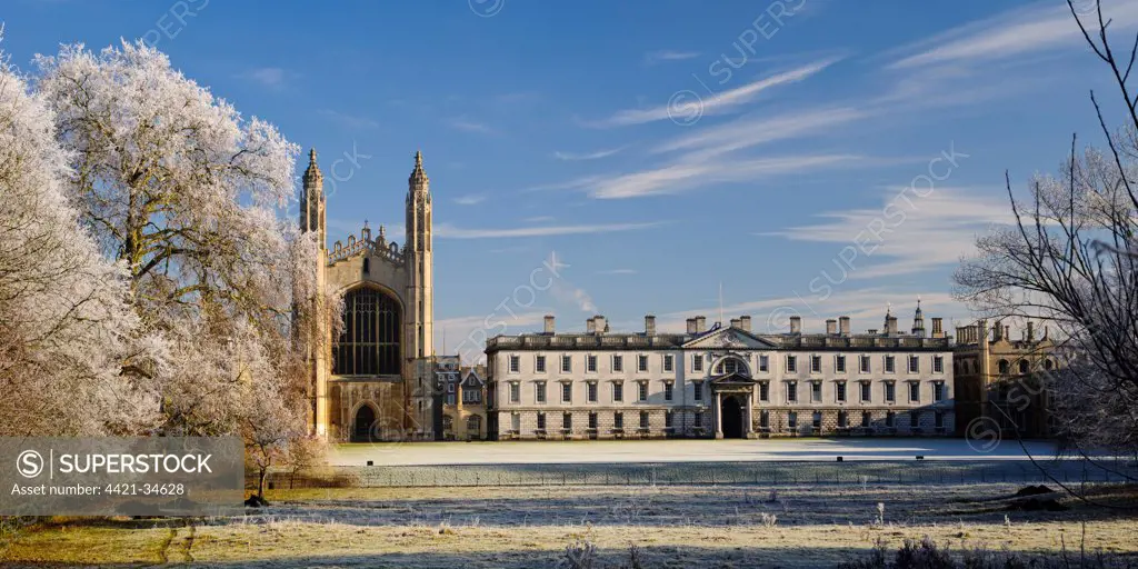 View of Late Gothic chapel, college buildings and trees in hoar frost, seen from The Backs, King's College Chapel, Gibbs' Building, King's College, Cambridge, Cambridgeshire, England, december