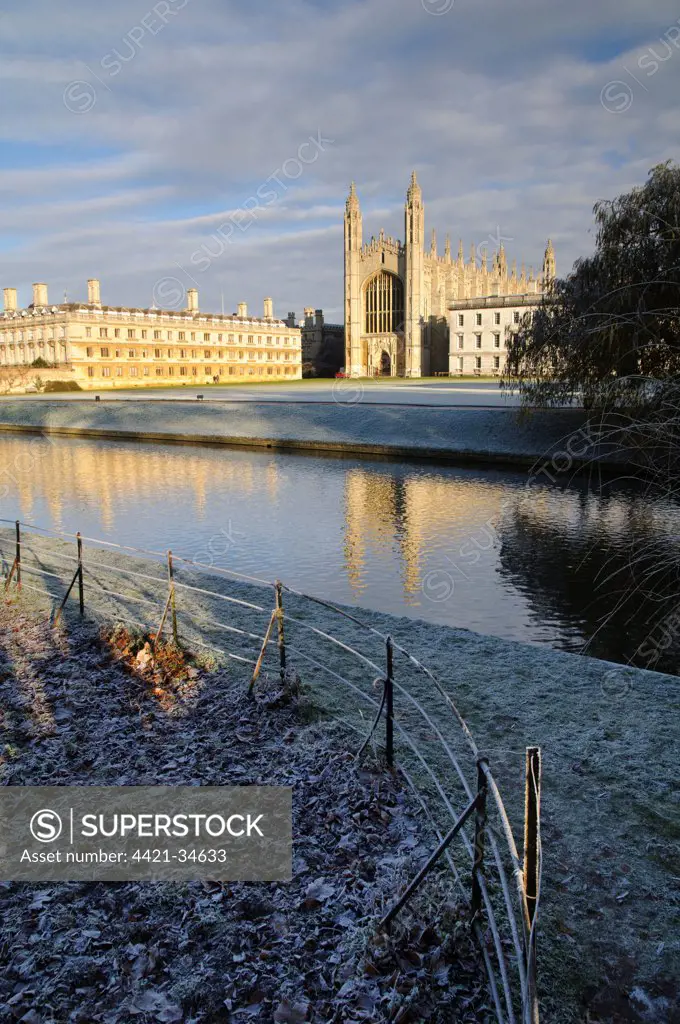 View of river and college buildings in frost, Clare College, King's College Chapel and King's College, River Cam, Cambridge, Cambridgeshire, England, december