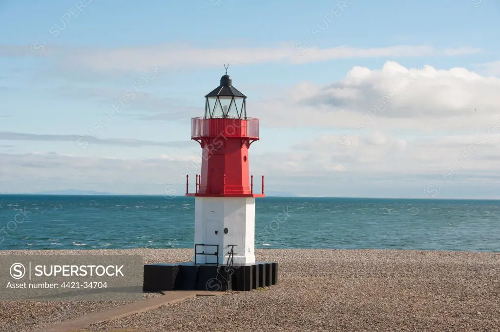 Lighthouse on shingle beach, 'Winkie' Light, Point of Ayre Lighthouse, Point of Ayre, Isle of Man, august